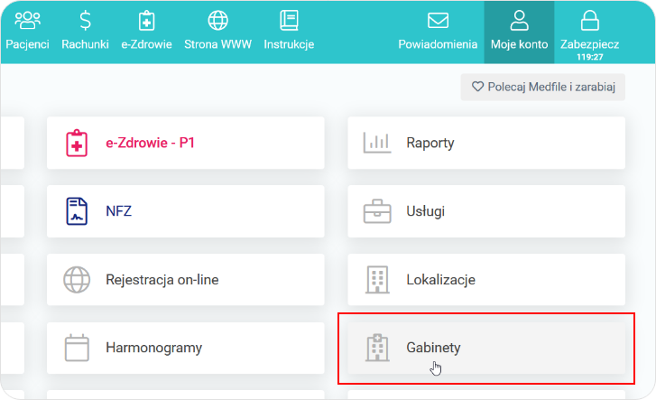 Wybierz Gabinety z poziomu Moje konto