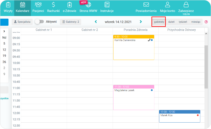 Widok kalendarza gabinetów