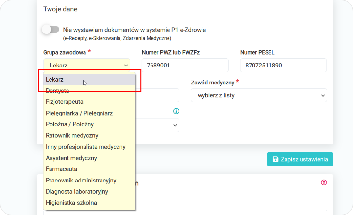 Wskaż Grupa zawodowa z listy rozwijanej