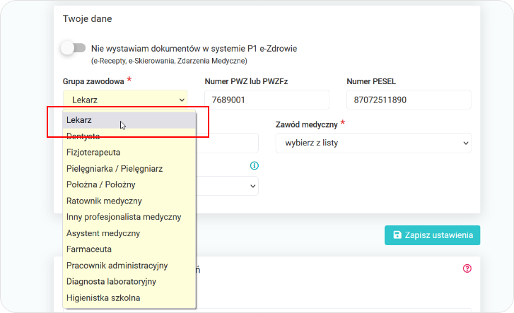 Uzupełnij grupę zawodową z której wgrane zostały certyfikaty