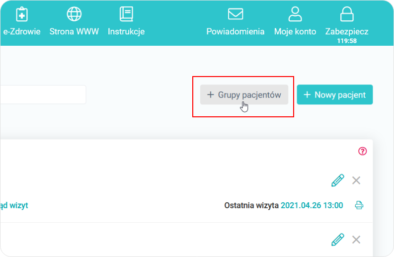 Kliknij w przycisk Grupy pacjentów na poziomie Kartoteki pacjentów