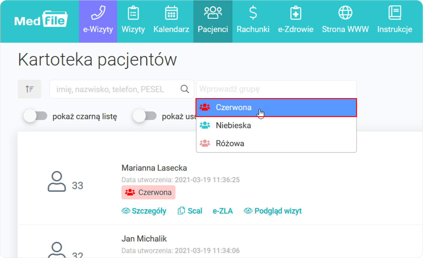 Wprowadź grupę pacjentów w wyszukiwarce kartoteki pacjentów