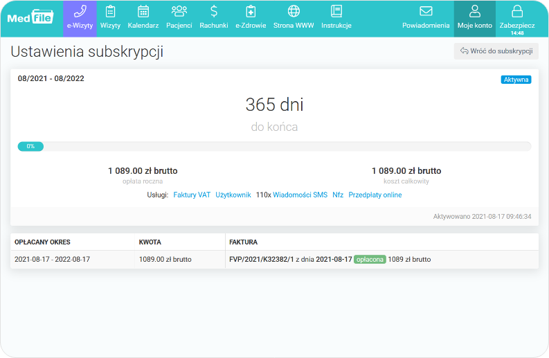 Zobacz ustawienia subskrypcji konta Medfile Plus