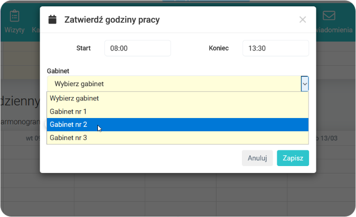 Wybierz gabinet w harmonogramie dziennym