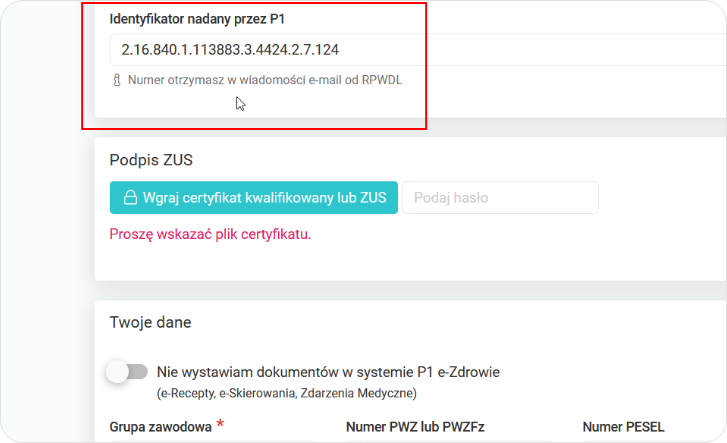 Uzupełnij identyfikator nadany przez P1