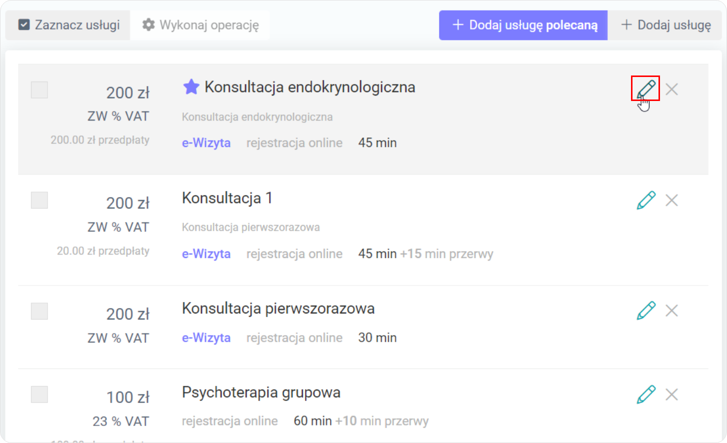 Wskaż na ikonę ołówka w celu wprowadzenia zmian w usłudze