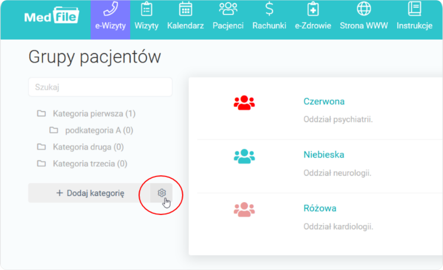 Wskaż ikonę śruby na poziomie Grupy pacjentów