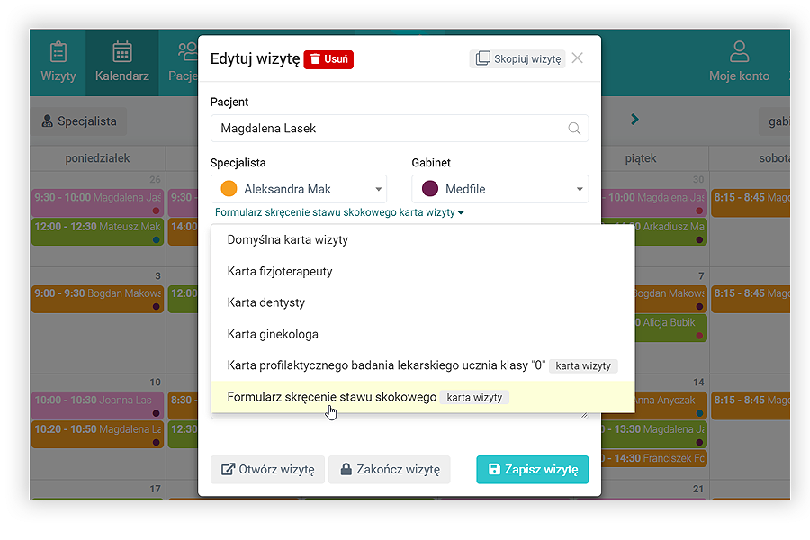 Wybierz indywidualną kartę wizyty dla fizjoterapeuty
