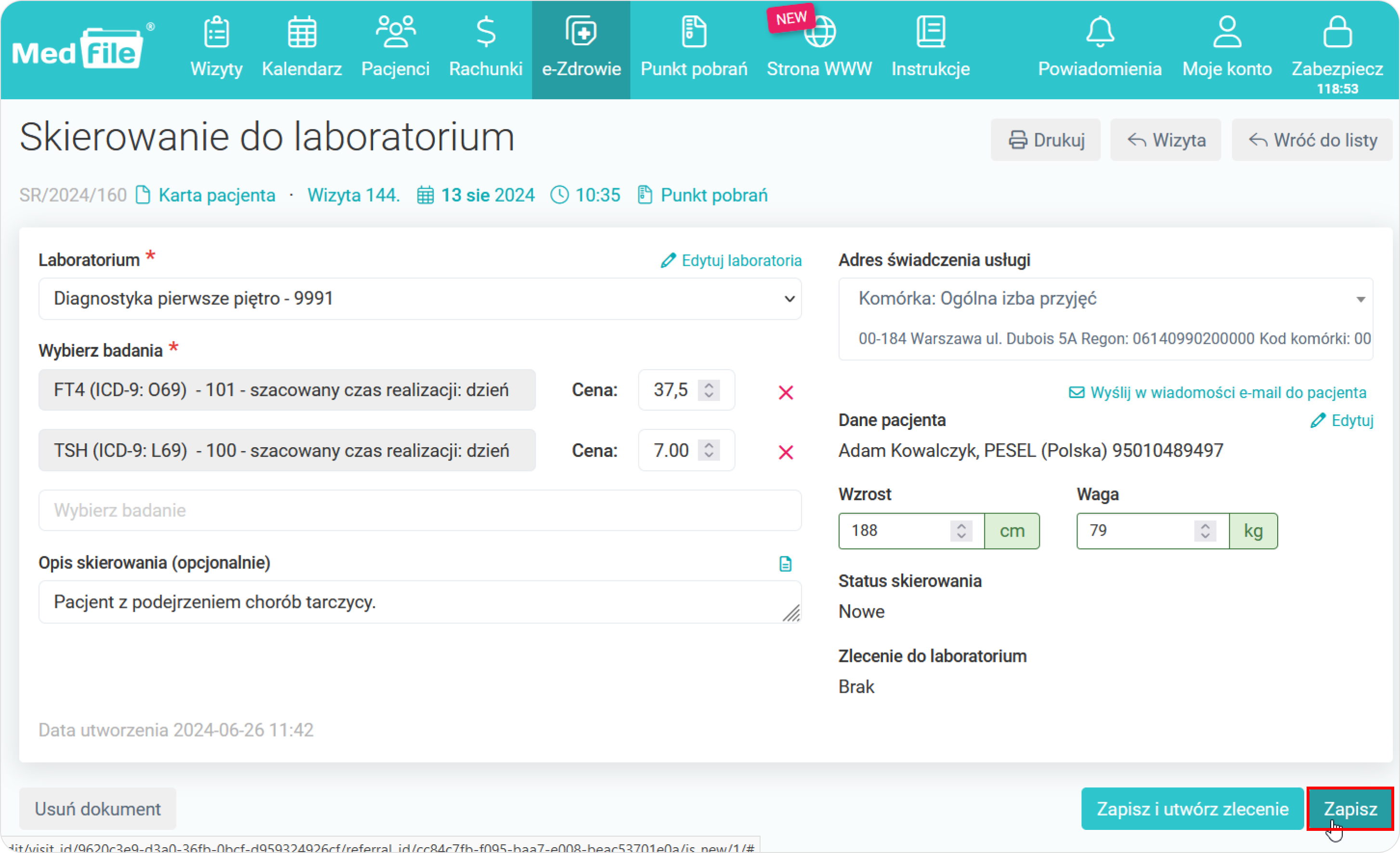 Uzupełnij informacje w skierowaniu do laboratorium 