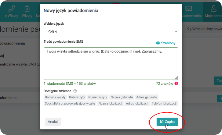 Uzupełnij Nowy język powiadomienia i wpisz Treść powiadomienia SMS