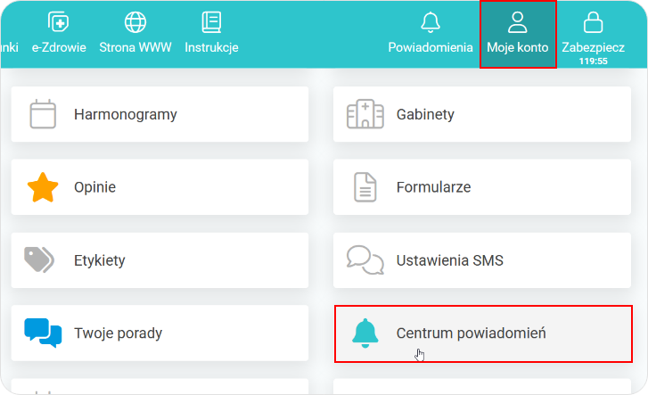 Kliknij kafelek centrum powiadomień 