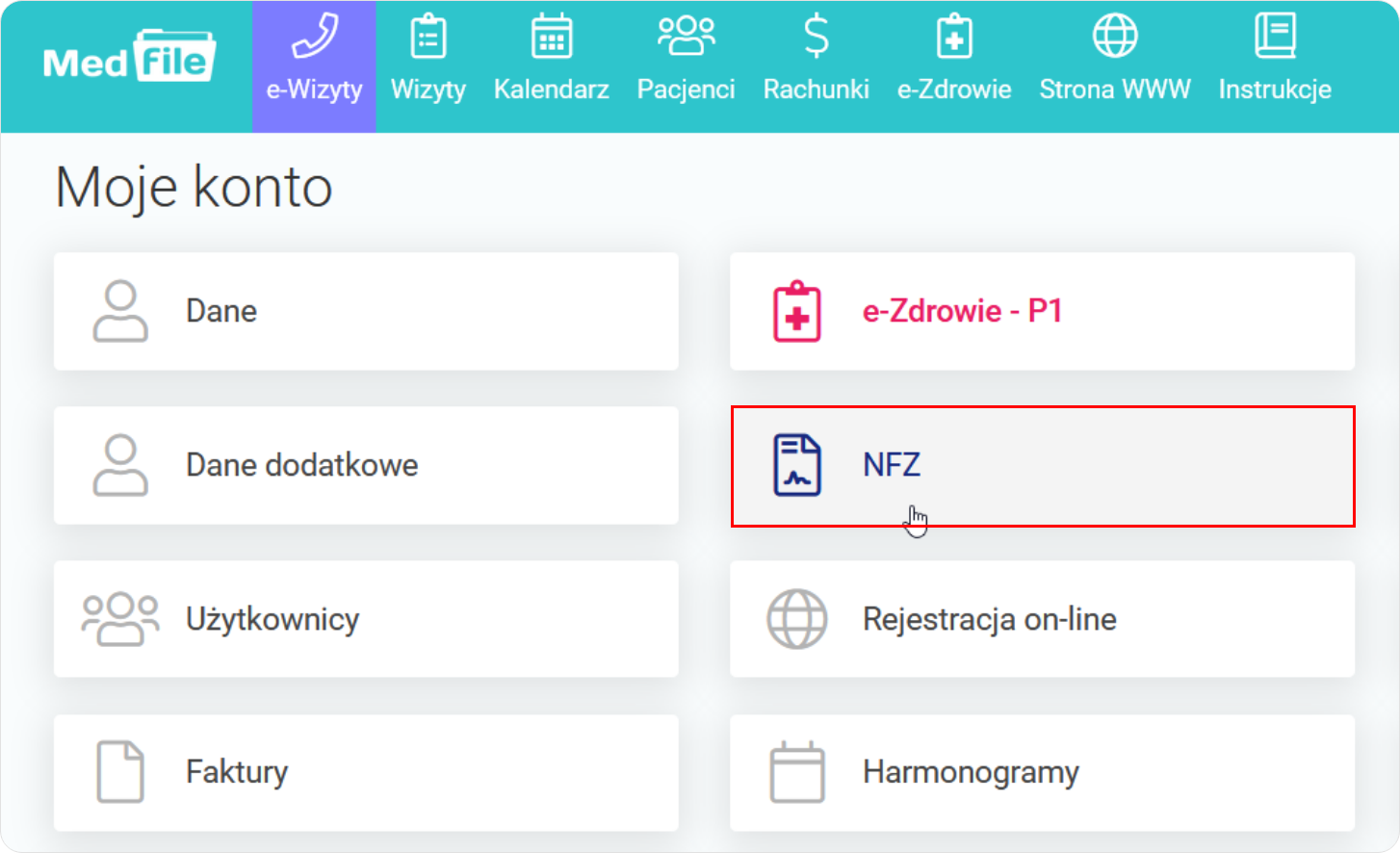 Wybierz kafelkę NFZ na poziomie Moje konto