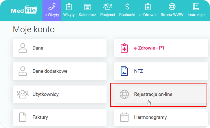 Kliknij w kafelkę Rejestracja online