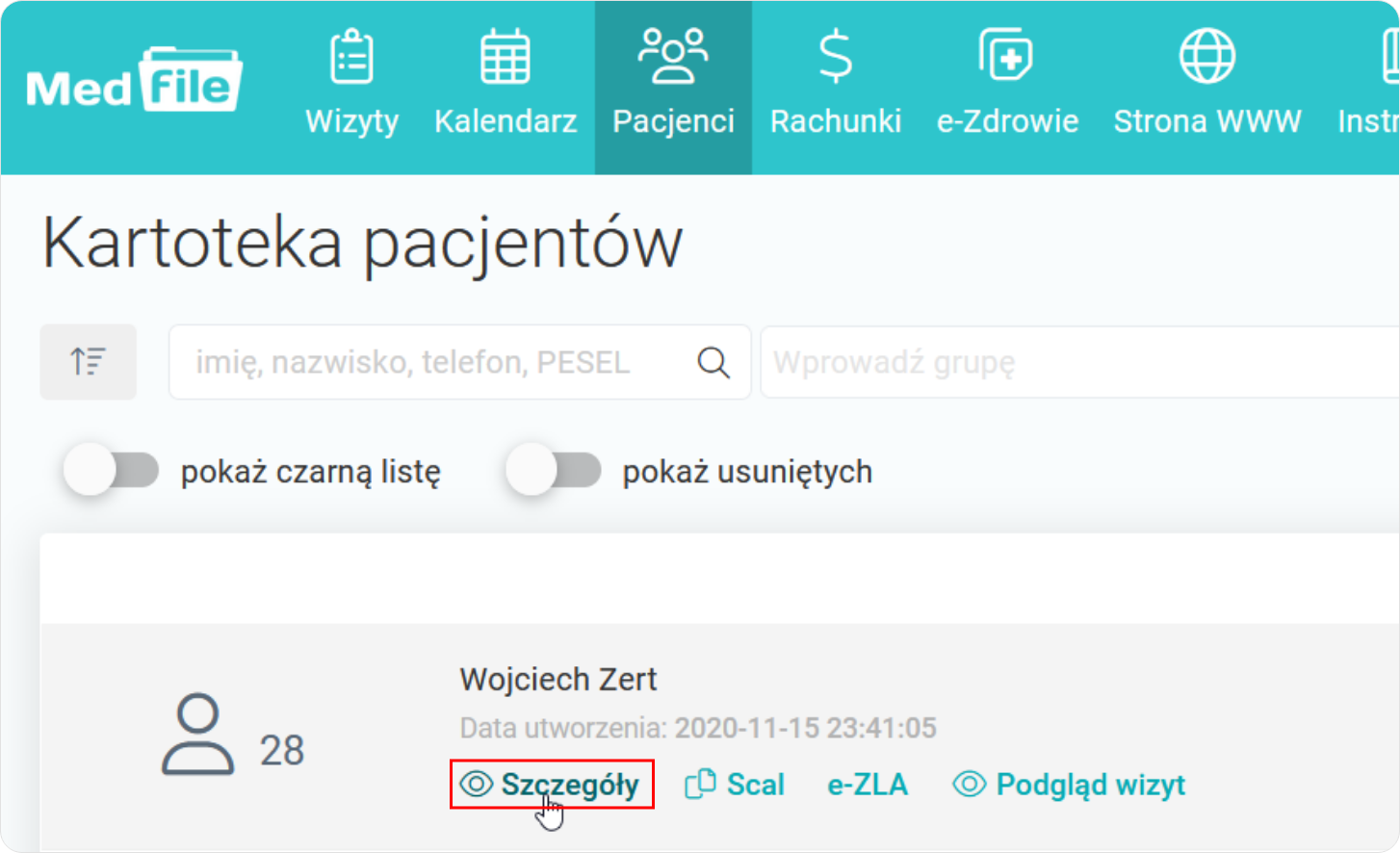 Wybierz Szczegóły wybranego pacjenta w Kartotece pacjentów