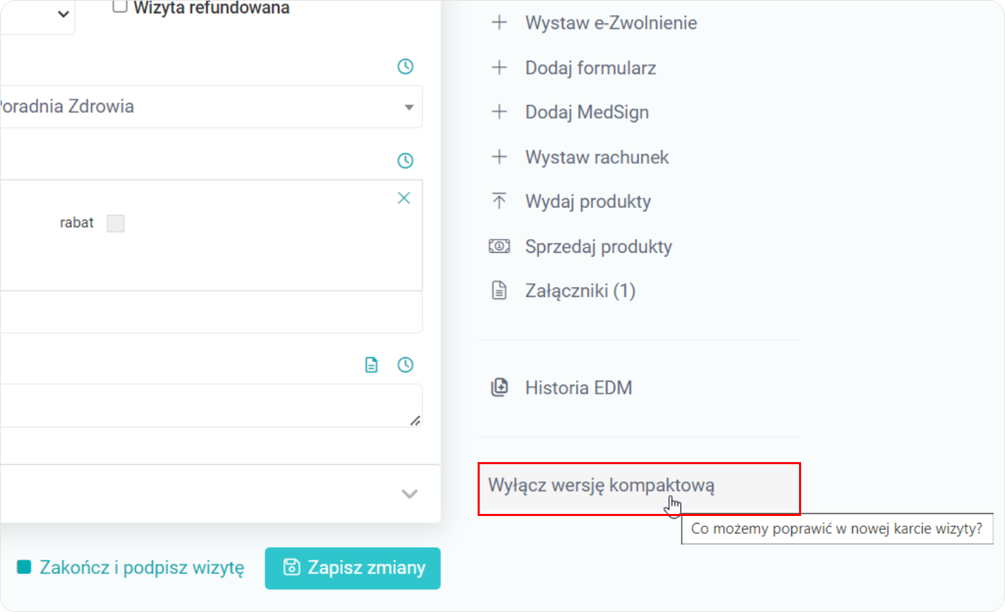 Wyłącz wersję kompaktową wizyty