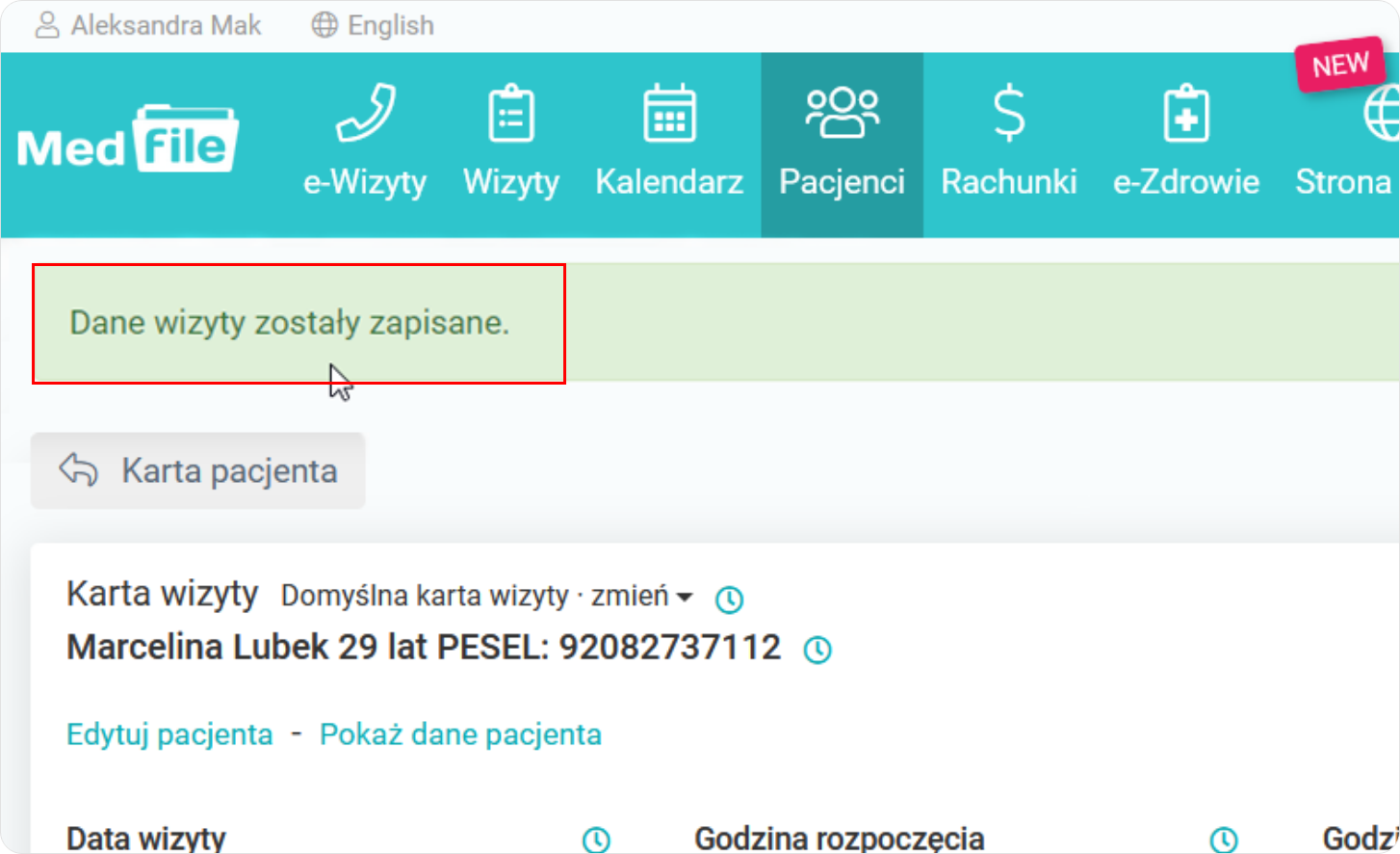 Dane wizyty zostały zapisane