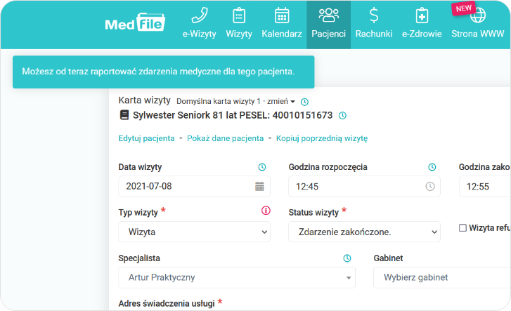 Możesz od teraz raportować zdarzenia medyczne dla tego pacjenta