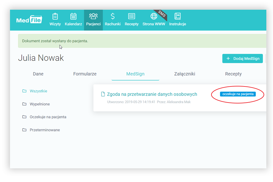 Dokument został wysłany do pacjenta