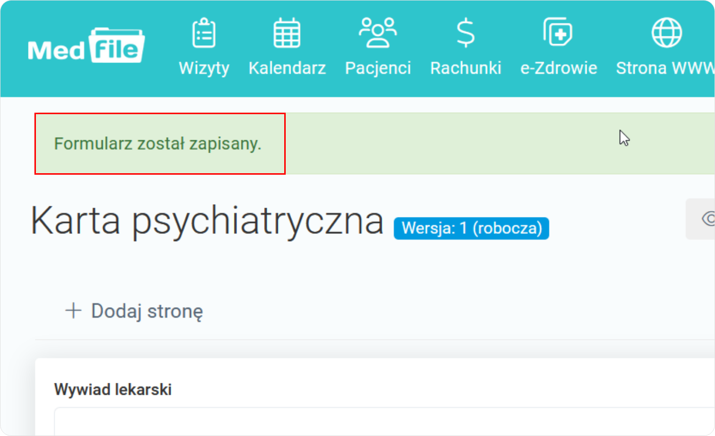 Komunikat potwierdzający zapisanie formularzu