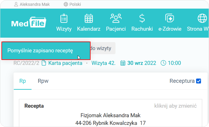 Wyświetlono komunikat o zapisaniu recepty