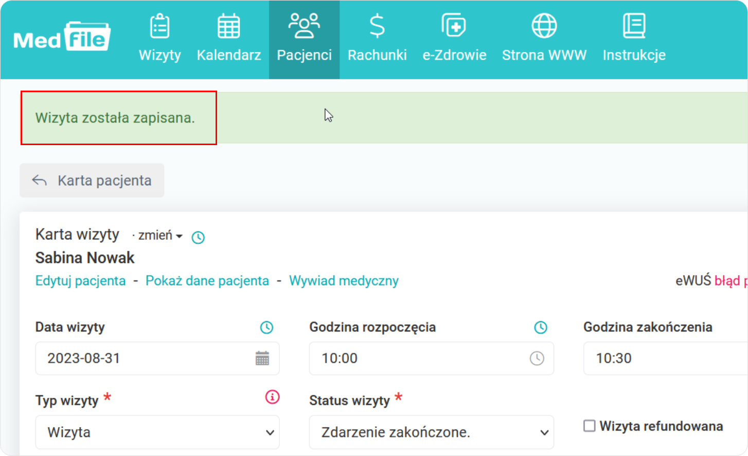 Dane wizyty zostały zapisane