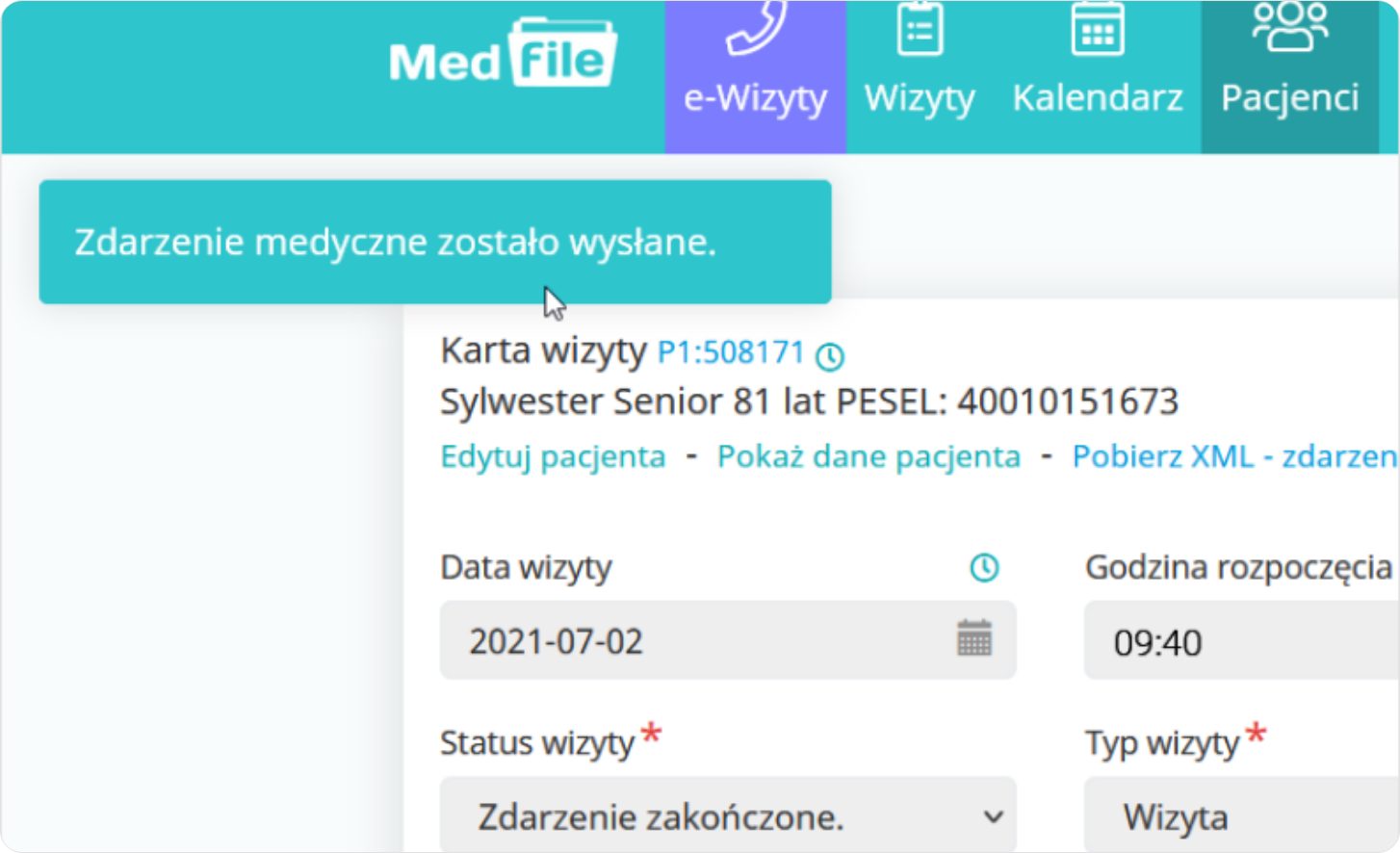 Zdarzenie medyczne zostało wysłane