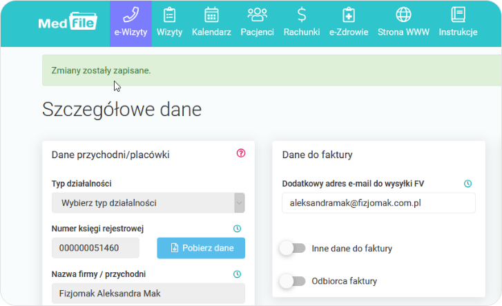 Zmiany zostały zapisane dodatkowy adres do faktury