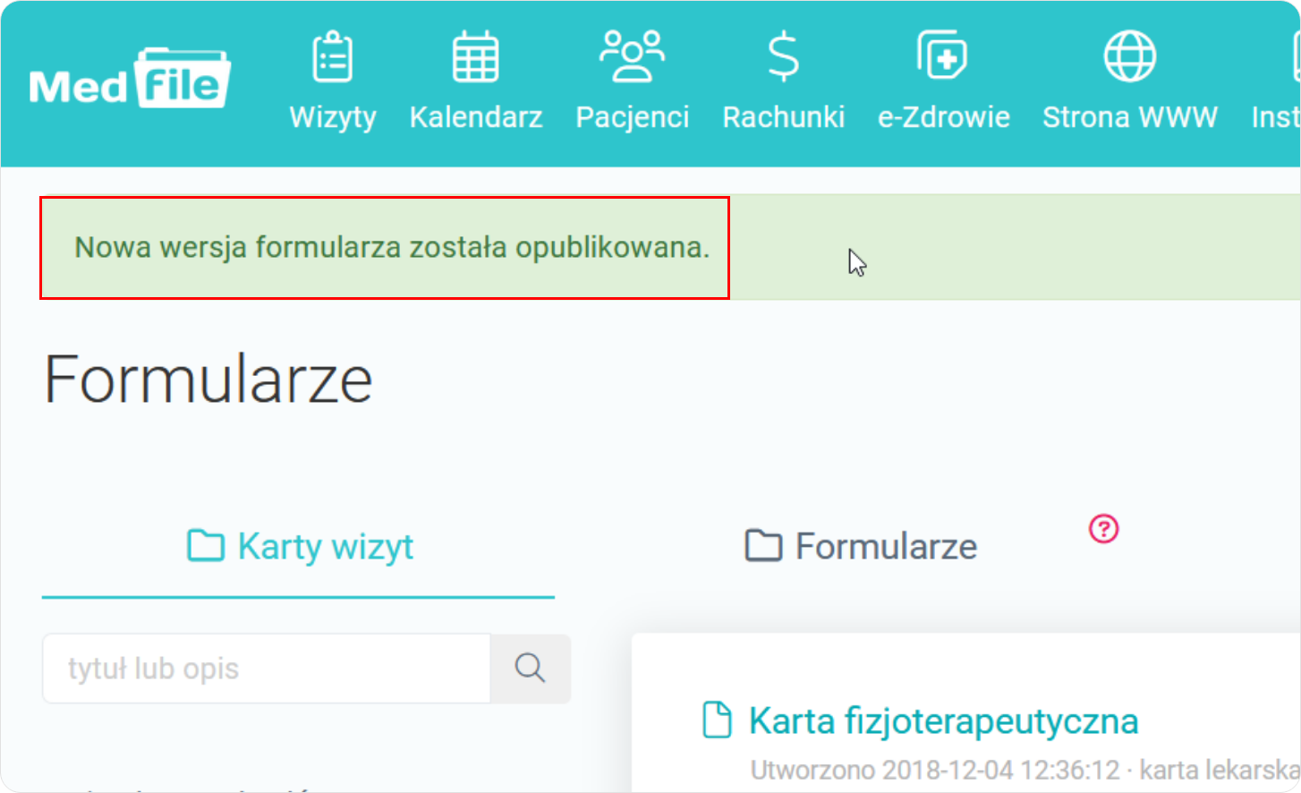 Komunikat potwierdzający zapisanie nowej wersji formularza