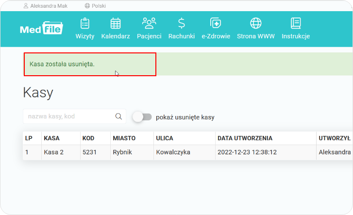 Komunikat o usunięciu kasy  