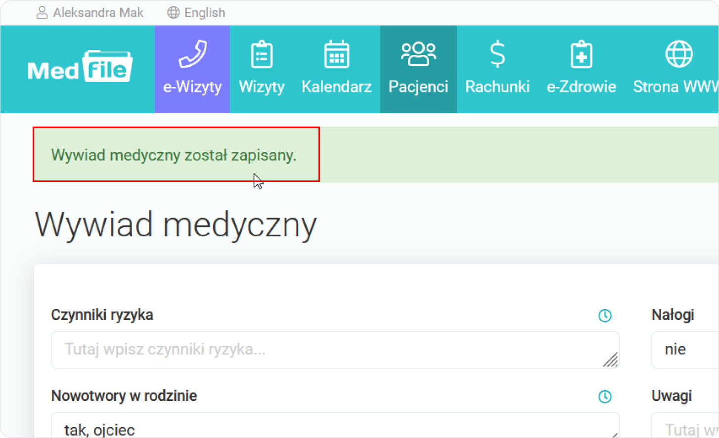 Wywiad medyczny został zapisany