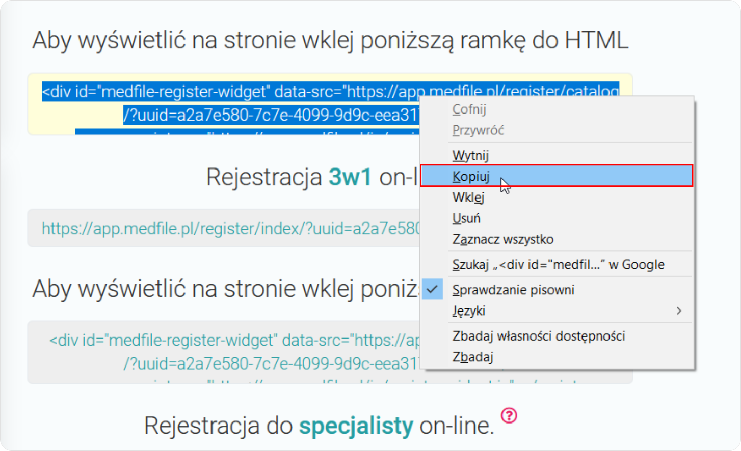 Kopiuj kod do rejestracji wg lokalizacji