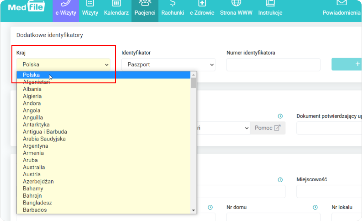Wybierz kraj przy dodatkowych identyfikatorach