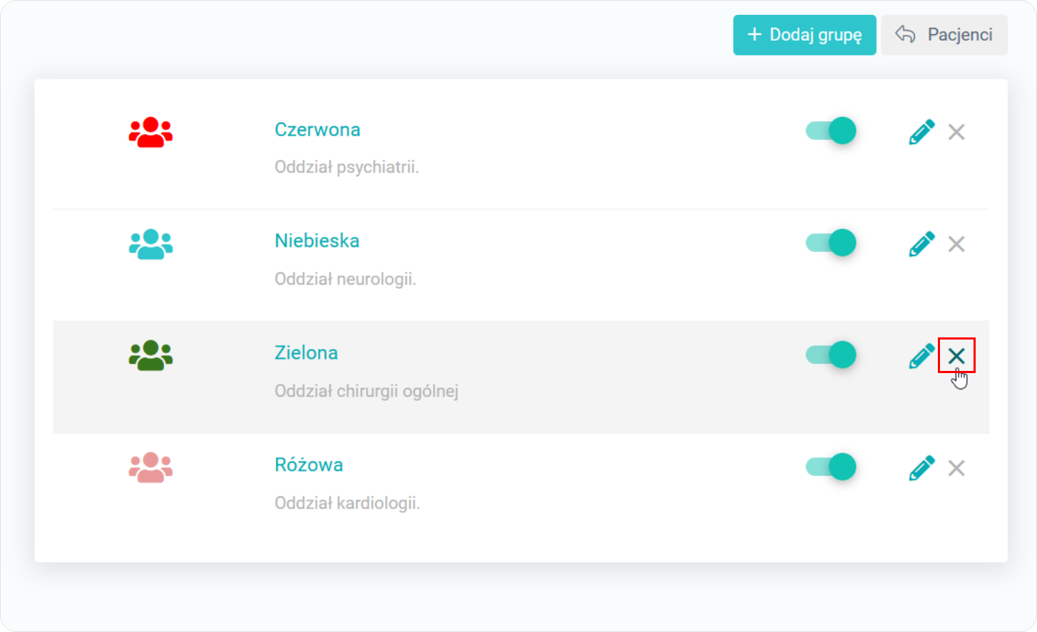 Kliknij w krzyżyk przy wybranej grupie pacjentów