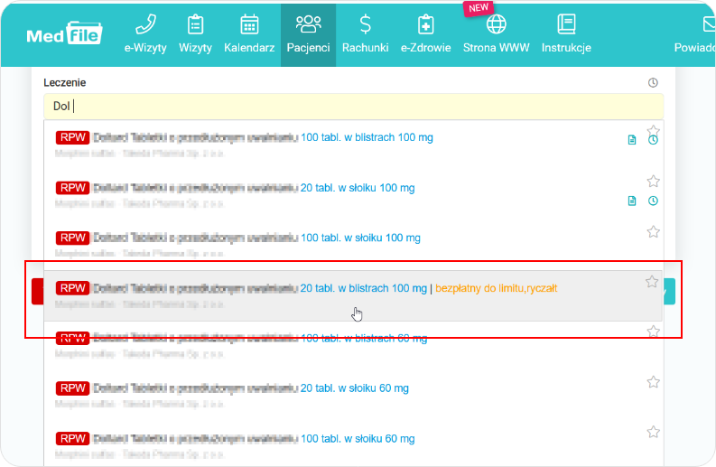 Wskaż lek w rubryce Leczenie w Karcie wizyty
