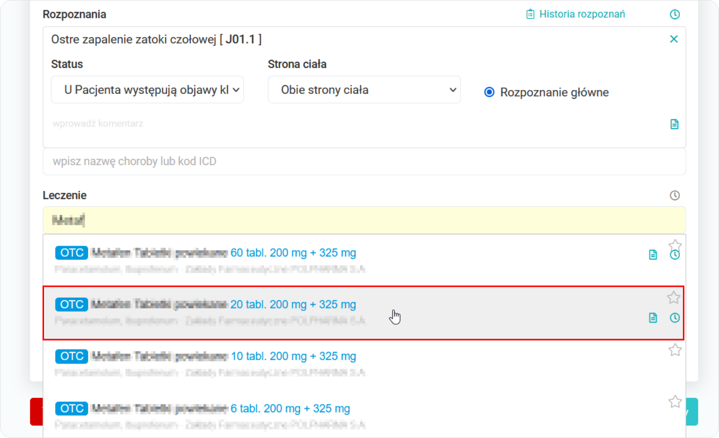 Wybierz lek w rubryce Leczenie w Karcie wizyty