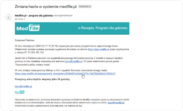 Zmiana hasła poprzez kliknięcie w link