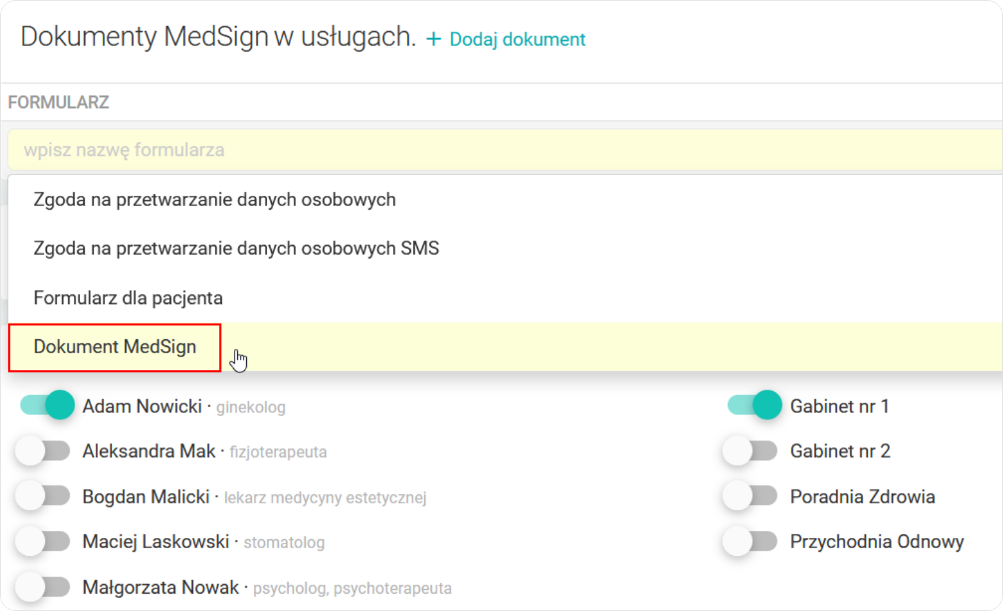 Wybierz dokument MedSign z listy rozwijanej