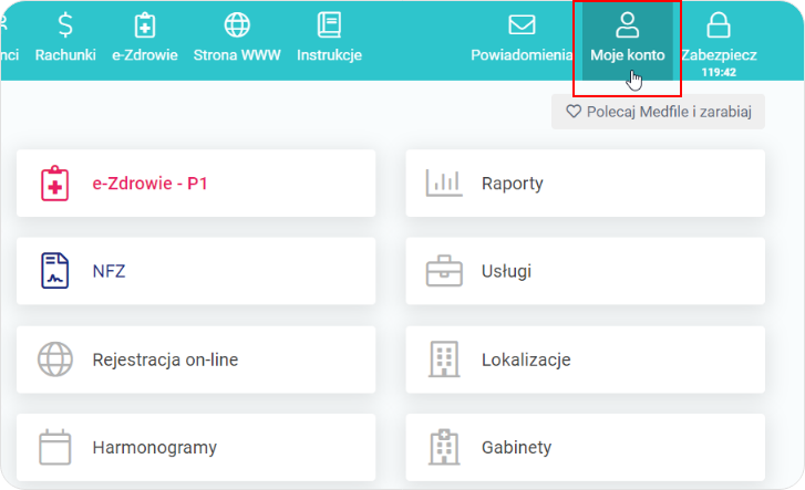 Wybierz Moje konto z menu głównego