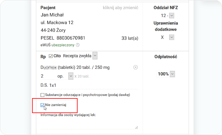 Zaznacz opcję nie wydawania zamienników