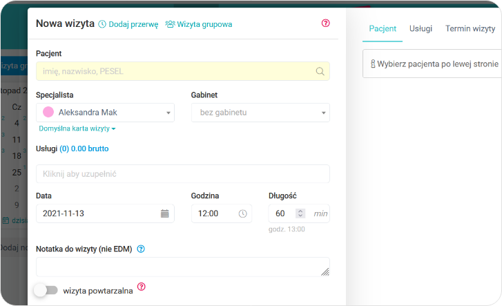 Widok nowej wizyty