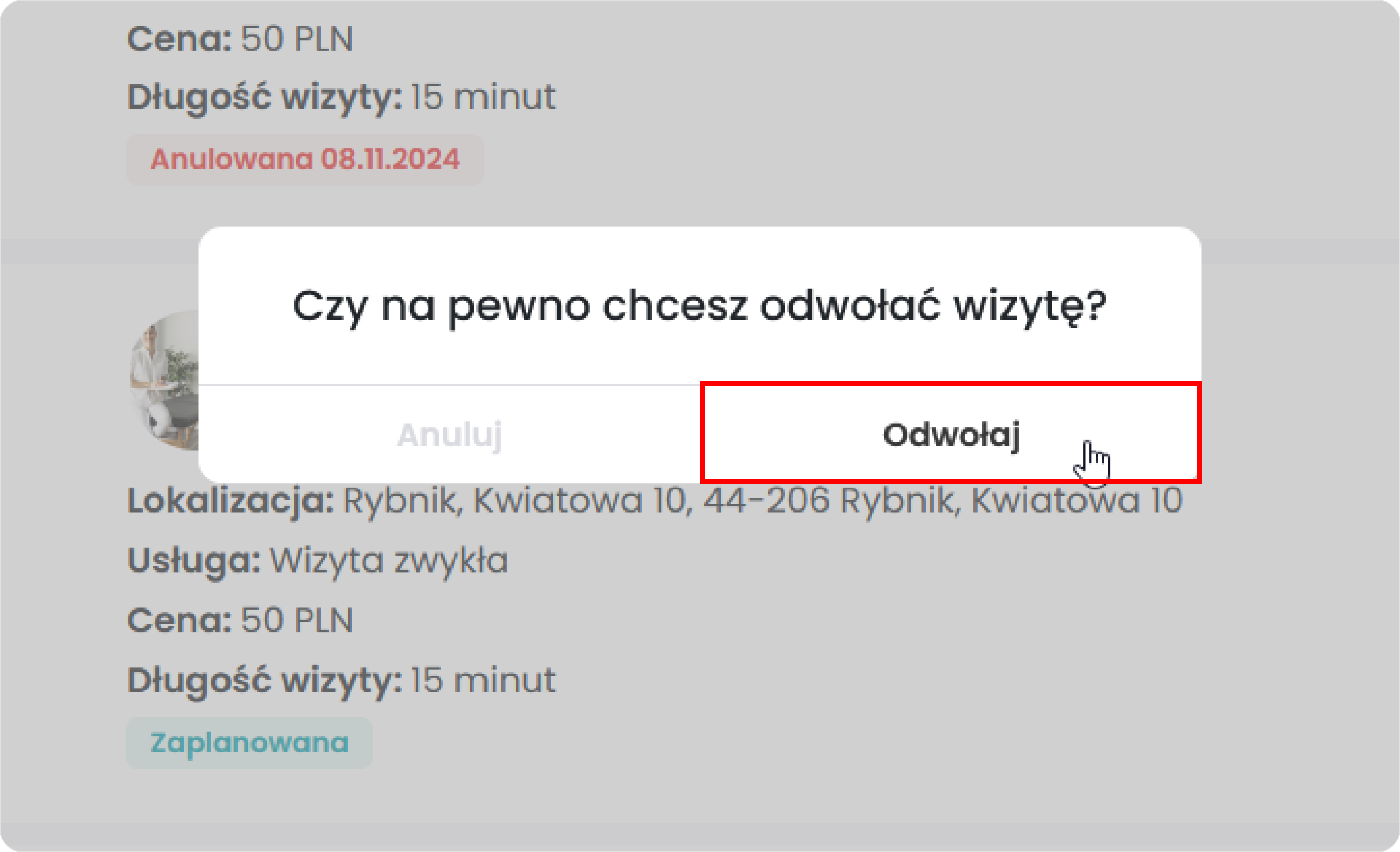 Potwierdź odwołanie wizyty