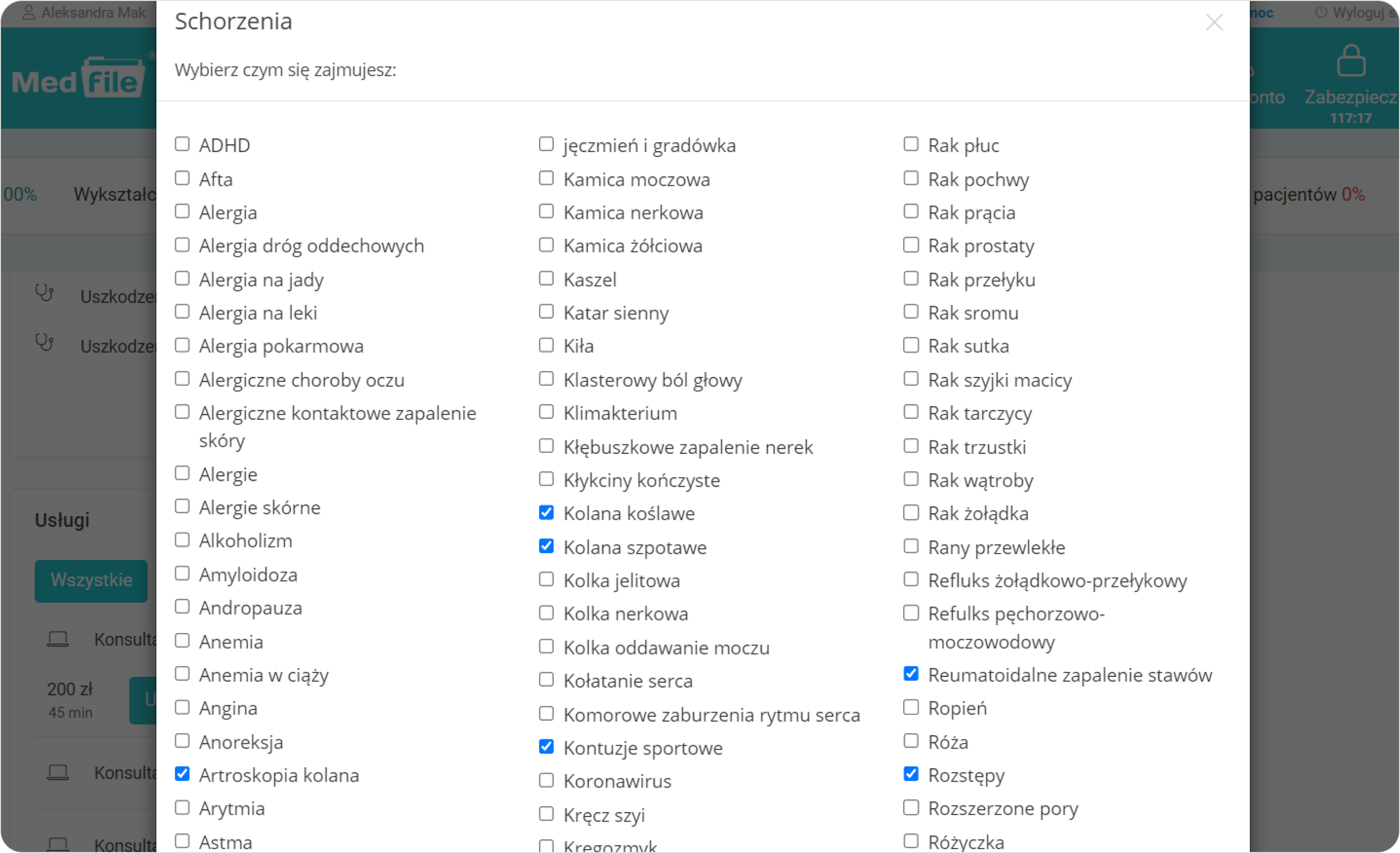 Wybierz odpowiednie schorzenia