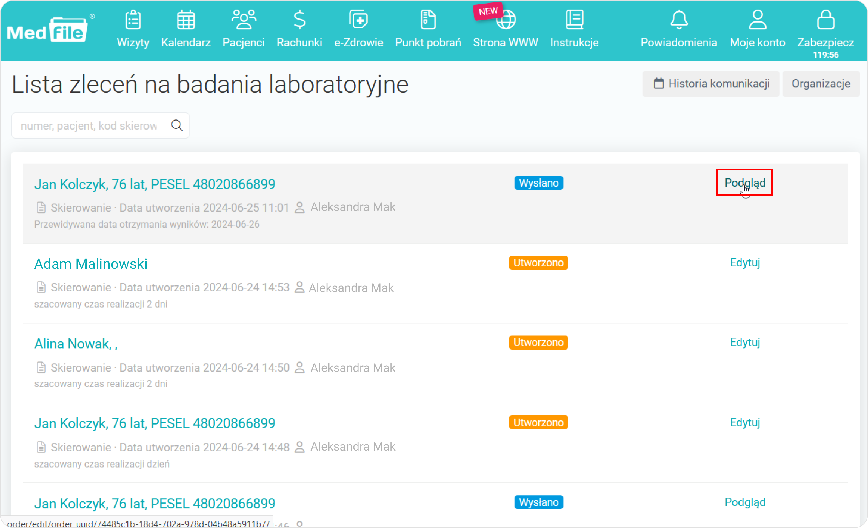 Wejdź w odpowiednie zlecenie na badania laboratoryjne