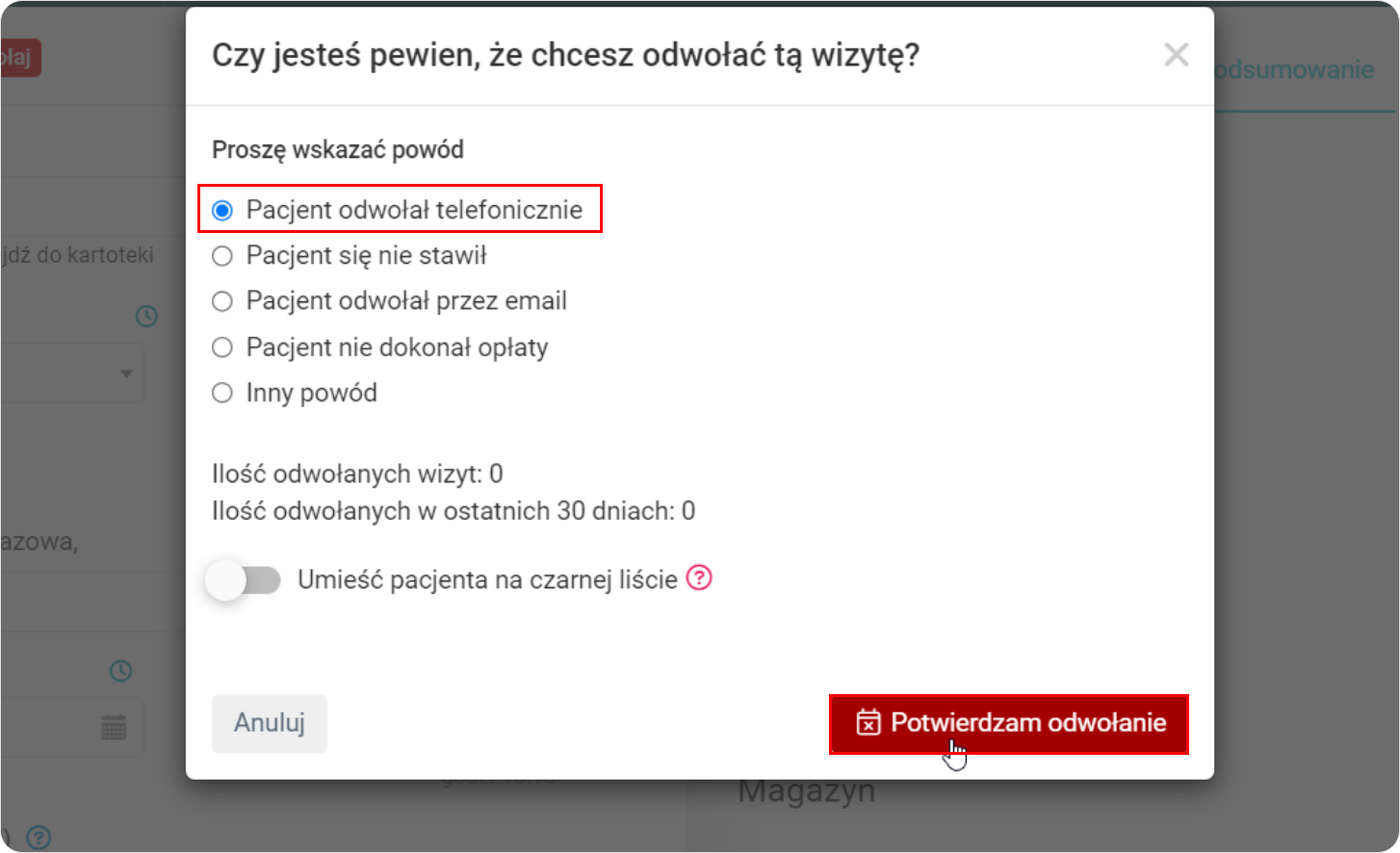 Potwierdź odowłanie wizyty