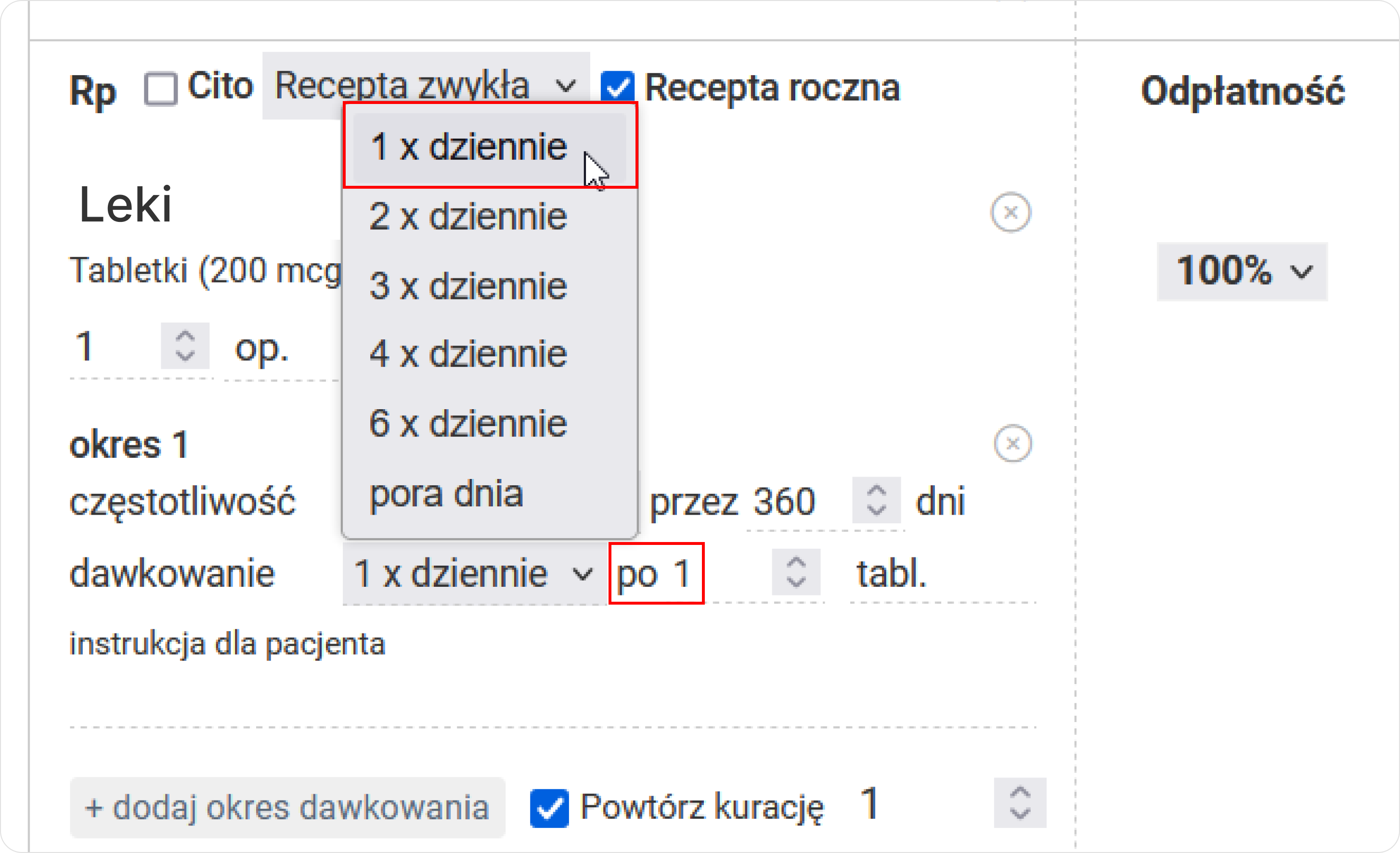 Określ dawkowanie leku