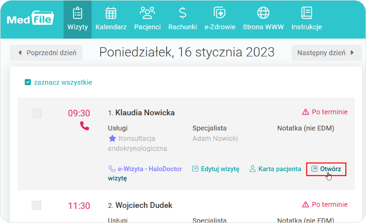 Otwórz wizytę