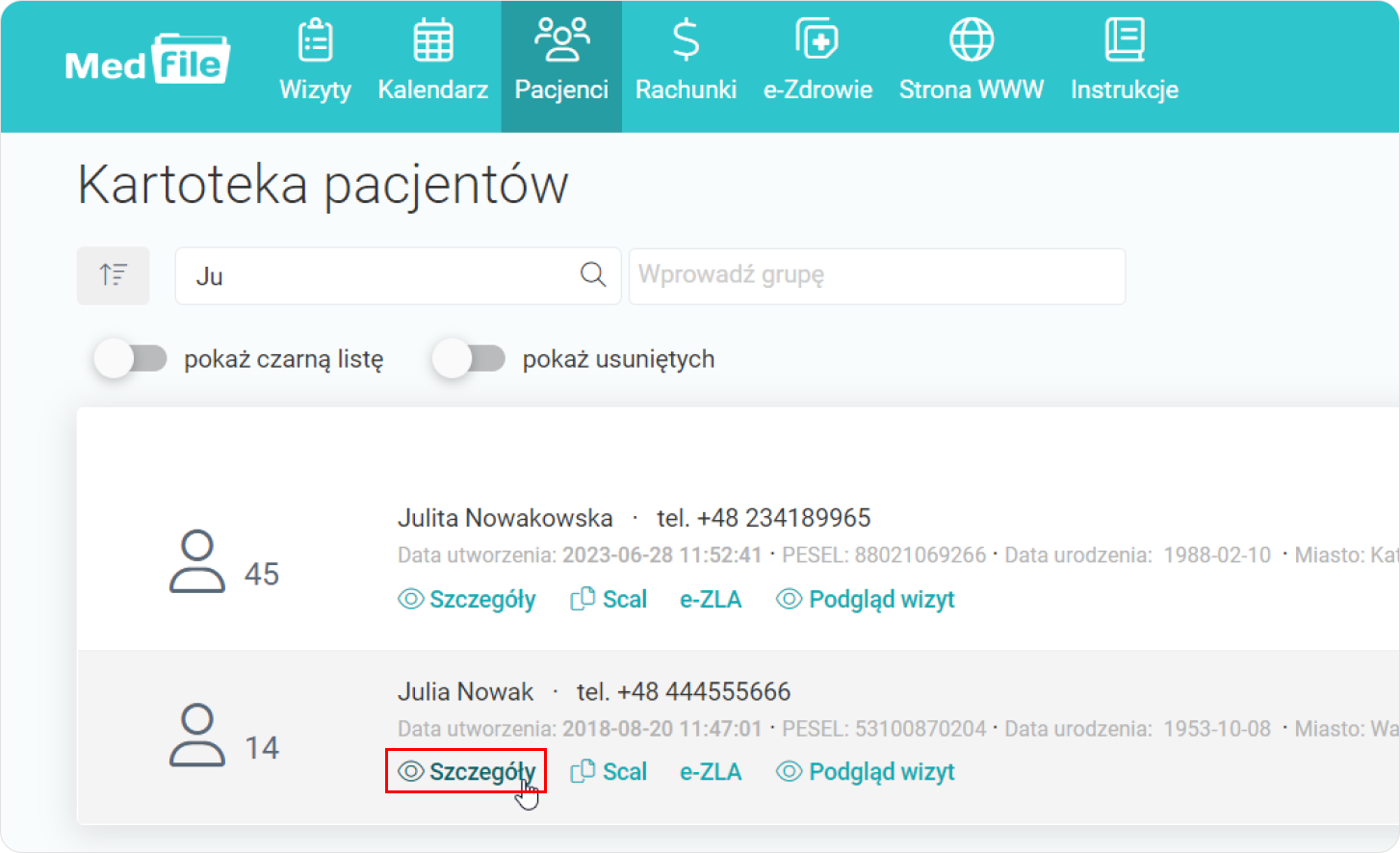 Wejdź w Szczegóły pacjenta