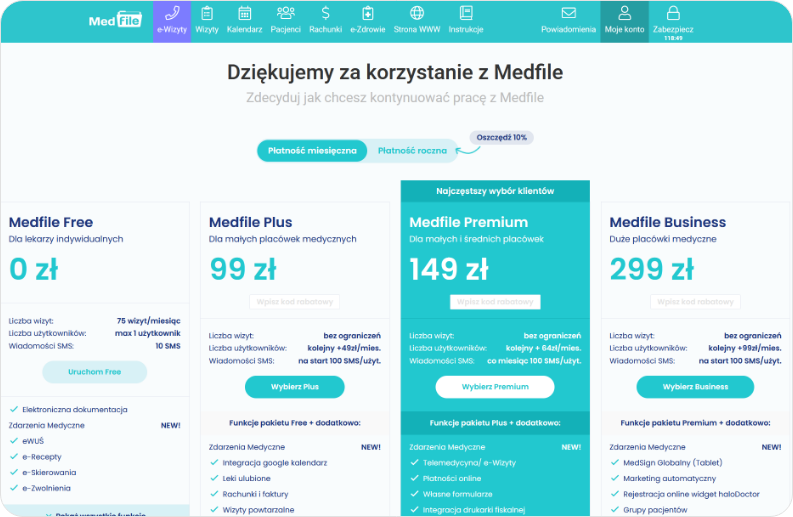Wybierz pakiet programu Medfile