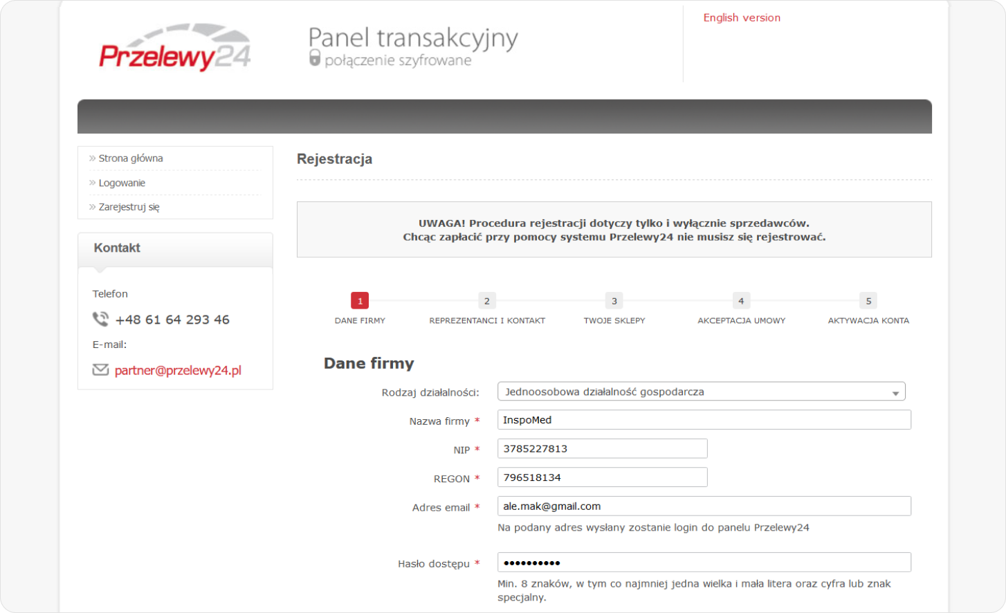 Uzupełnij dane firmy w panelu rejestracyjnym 