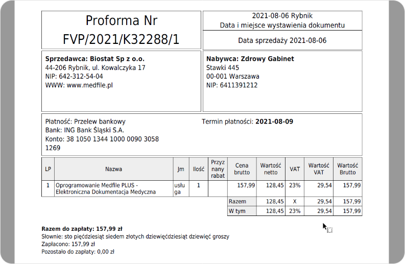 Podgląd faktury VAT proforma